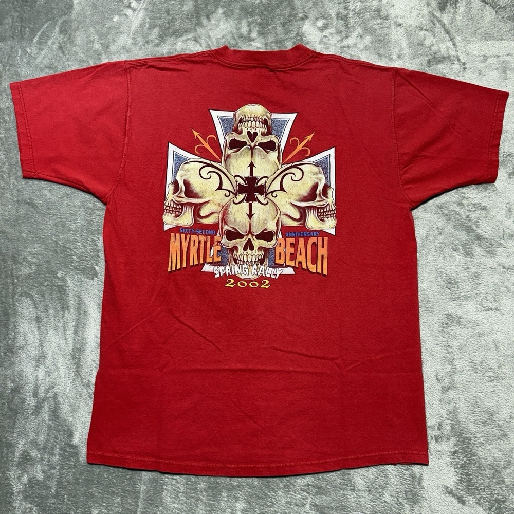 Vintage Biker Tee Myrtle Beach Spring Rally 2002 Skulls Cross Size XL Y2K Grunge